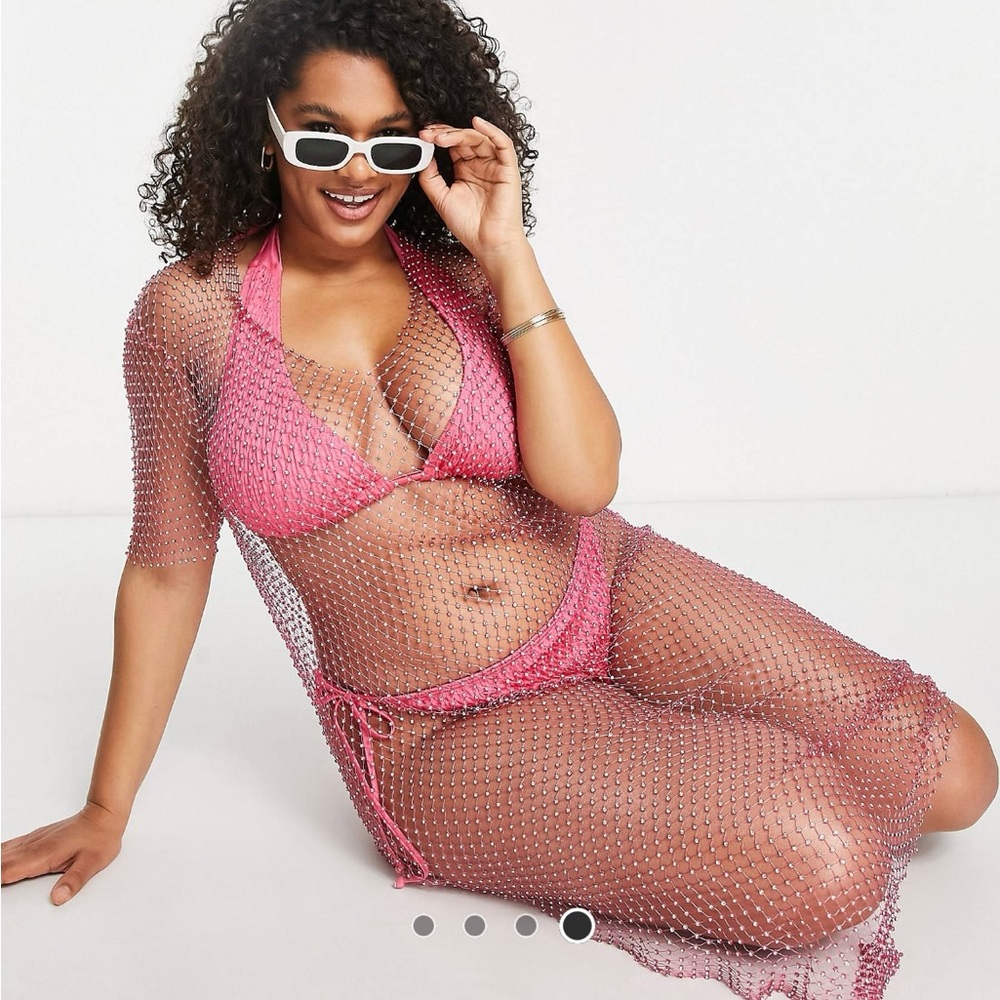 ASOS DESIGN Curve diamante mesh beach cover up in pink